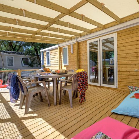 Mobilhome 8 personnes - Family - 4 chambres - PREMIUM - 38m²-Roselune-Clim-TV-lave-vaiss.-plancha-terrasse - XXL couverte