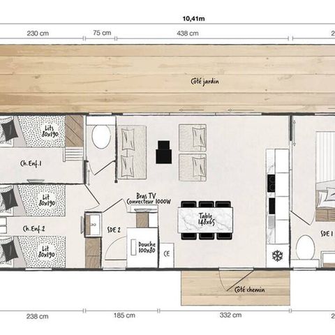 BUNGALOW 6 personnes - Mobil-home | Premium | 3 Ch. | 6 Pers. | Terrasse Lounge | Clim.