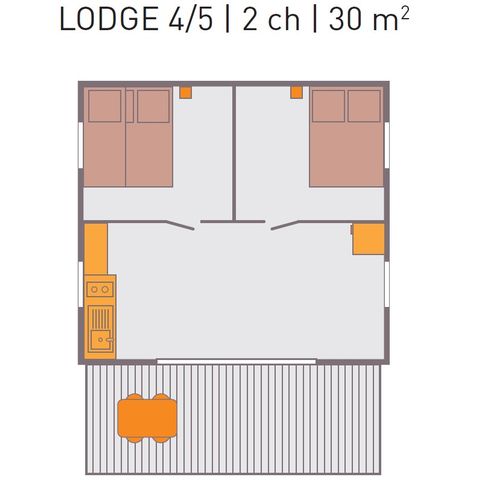 TENTE TOILE ET BOIS 5 personnes - Lodge Confort 4-5 personnes – Toile & Bois – 30 m² – 2 chambres – Électricité - Salle de bain
