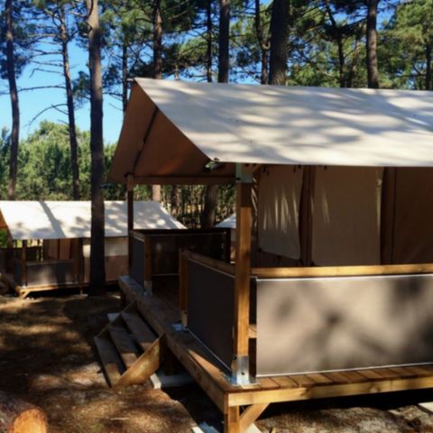 TENTE TOILE ET BOIS 5 personnes - Lodge Confort 4-5 personnes – Toile & Bois – 30 m² – 2 chambres – Électricité - Salle de bain