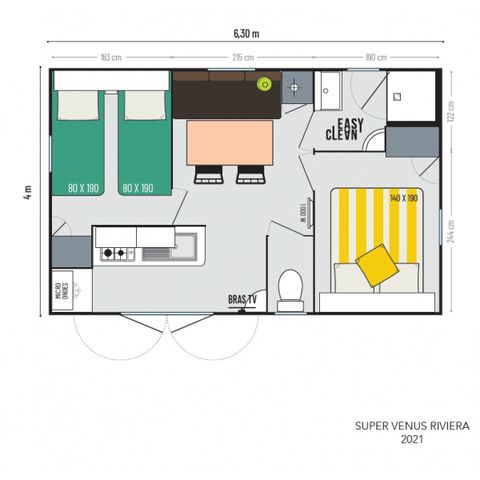 Mobilhome 4 personnes - 4 plus - 22m² - 2 chambres, terrasse semi-couverte