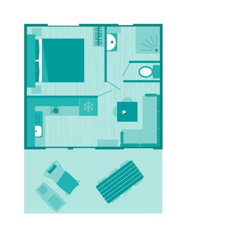 BUNGALOW 3 personnes - Mobil-home | Comfort | 1 Ch. | 2/3 Pers. | Terrasse surélevée | Clim. | TV