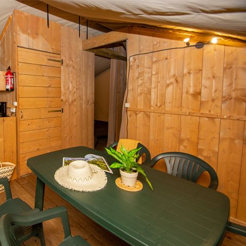 Tente en toile et en bois 5 personnes - Tente lodge premium avec sanitaires