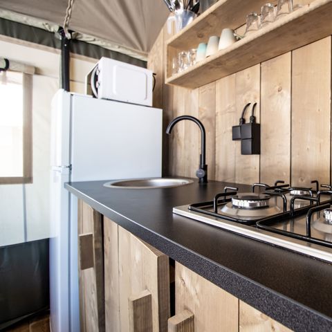 TENTE TOILE ET BOIS 5 personnes - Polari - Tente Safari + sanitaires + climatisation (6P)