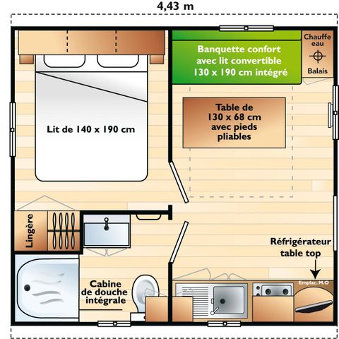 BUNGALOW 2 personnes - 1 chambre bord d'étang, 16m2 catégorie 1