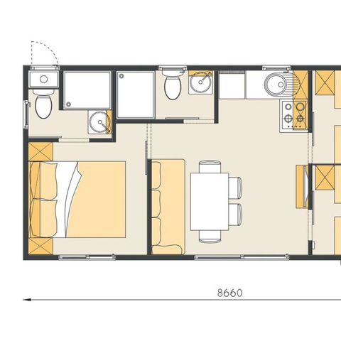 BUNGALOW 6 personnes - Comfort XL | 3 Ch. | 6 Pers. | Terrasse surélevée | 2 SDB | Clim. | TV