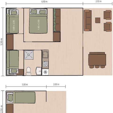 Tente en toile et en bois 5 personnes - Valkanela - Tente Safari Bella Vista + sanitaires + air conditionné (8P)