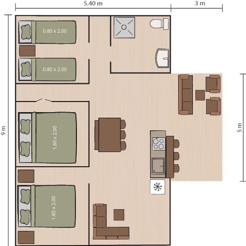 Tente en toile et en bois 5 personnes - Valkanela - Tente Safari Bella Lodge + sanitaires + air conditionné (6P)