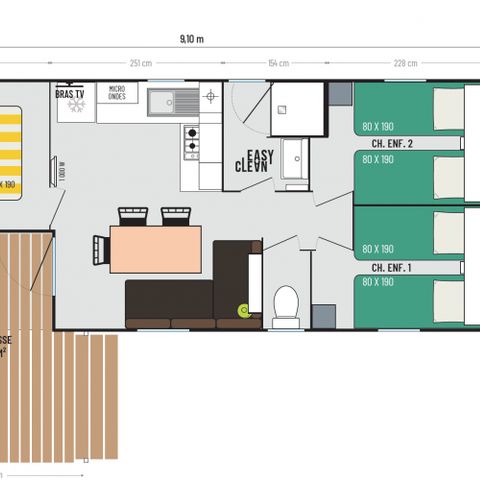 Mobilhome 6 personnes - Maïao 36 m² - 4 pièces - 3 chambres - Climatisation et TV