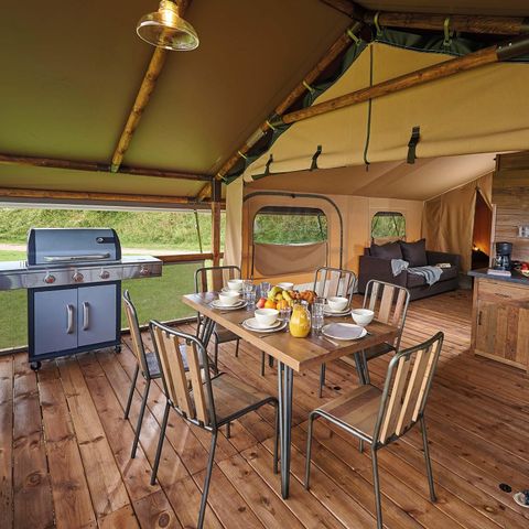 TENTE TOILE ET BOIS 6 personnes - Lodge Kenya Vintage Confort 46m² - 2 chambres + terrasse couverte 4/5 pers