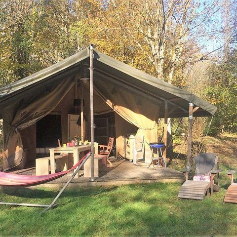 Tente en toile et en bois 5 personnes - Tente Lodge Safari 35 m² - 2 chambres - 10 m² terrasse couverte