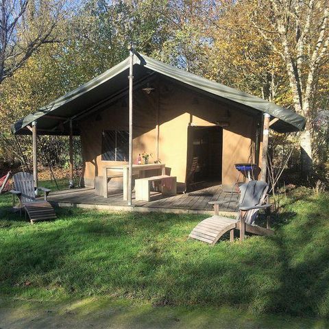 Tente en toile et en bois 5 personnes - Tente Lodge Safari 35 m² - 2 chambres - 10 m² terrasse couverte
