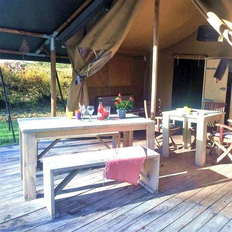 Tente en toile et en bois 5 personnes - Tente Lodge Safari 35 m² - 2 chambres - 10 m² terrasse couverte