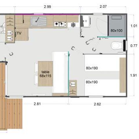 Mobilhome 4 personnes - L'ACACIA (2 chambres)dernière génération (2023) -terrasse intégrée - TV