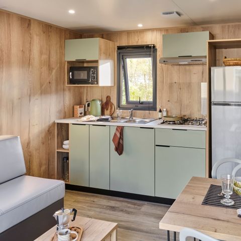 Mobilhome 4 personnes - Ecrin Vert Premium 32m² (2ch-4pers)+2SDB +terrasse semi-couverte 17m² + LV + CLI
