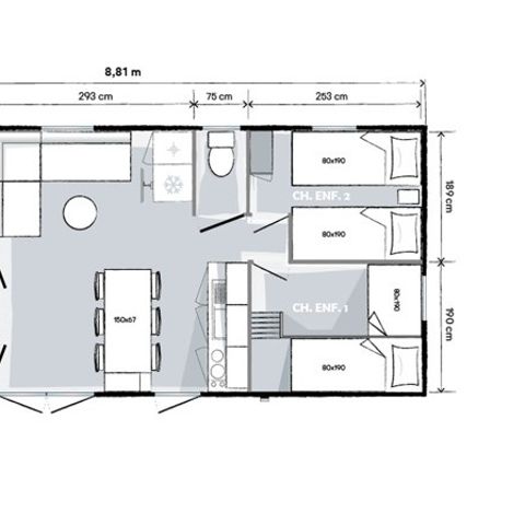 BUNGALOW 8 personnes - Mobil-home 32m² (3 chambres) + grande terrasse semi-couverte de 18m²