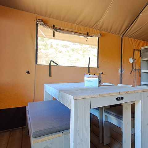 Tente en toile et en bois 6 personnes - Tente Lodge Prestige Plus - 2 chambres - 1 salle de bain - 35m²