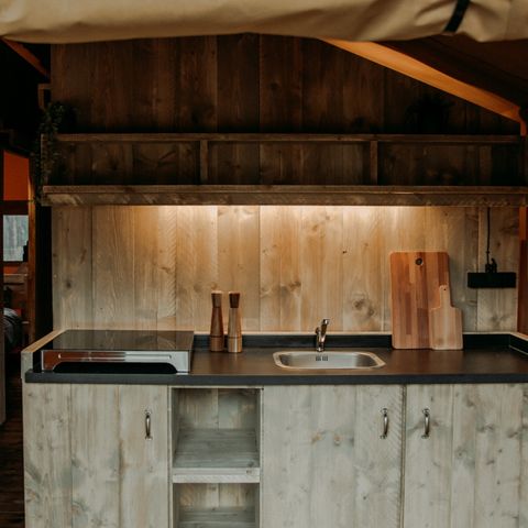 Tente en toile et en bois 5 personnes - Tente Wood Prestige Plus - 2 chambres - 1 salle de bain 38m²