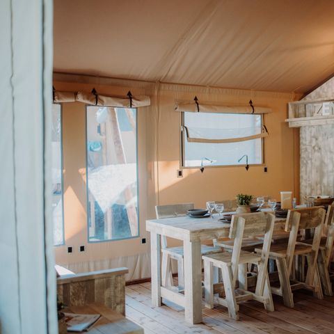 TENTE TOILE ET BOIS 5 personnes - Tente Wood Prestige Plus 5pers 2ch 1SDB 38m²