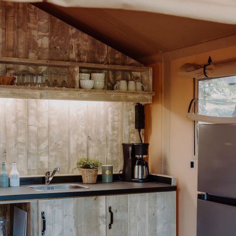 Tente en toile et en bois 5 personnes - Tente Wood Prestige Plus - 2 chambres - 1 salle de bain 38m²