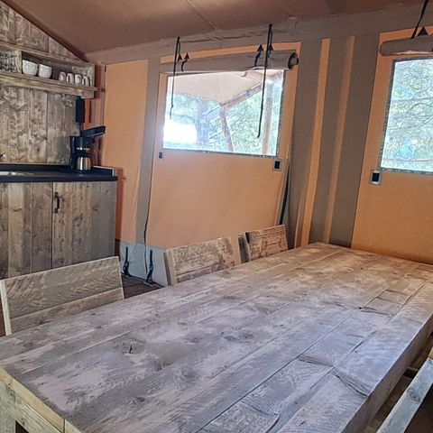 Tente en toile et en bois 6 personnes - Safari Prestige Plus - 3 chambres - 1 salle de bain 49m²