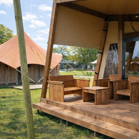Tente en toile et en bois 5 personnes - Tente tribu avec sanitaires privés