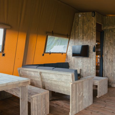 Tente en toile et en bois 5 personnes - Tente tribu avec sanitaires privés