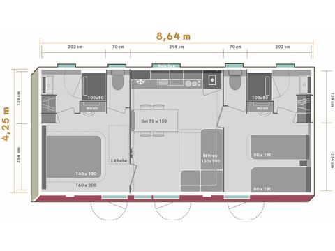 BUNGALOW 5 personnes - Premium PLUS 2ch-CLIM- 2 SDB-TV-LV-plancha-terrasse couverte-33m² | PREMIUM