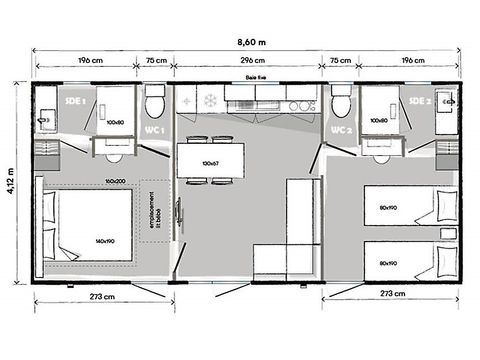 BUNGALOW 5 personnes - PREMIUM - 2 chambres avec climatisation +TV+ Plancha à gaz + 2 SDB 