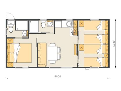 BUNGALOW 6 personnes - Comfort XL | 3 Ch. | 6 Pers. | Terrasse surélevée | 2 SDB | Clim. | TV