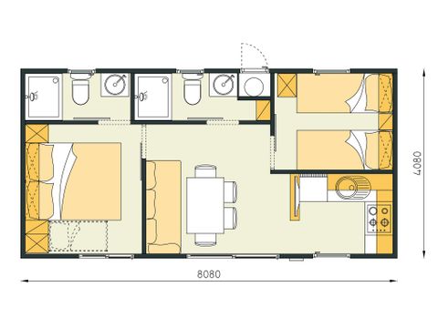 Mobilhome 6 personnes - Comfort XL | 2 Ch. | 4/6 Pers. | Terrasse surélevée | 2 SDB | Clim. | TV