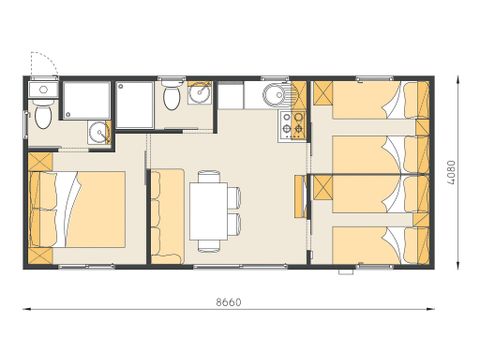 Mobilhome 6 personnes - Comfort XL | 3 Ch. | 6 Pers. | Terrasse surélevée | 2 SDB | Clim. | TV